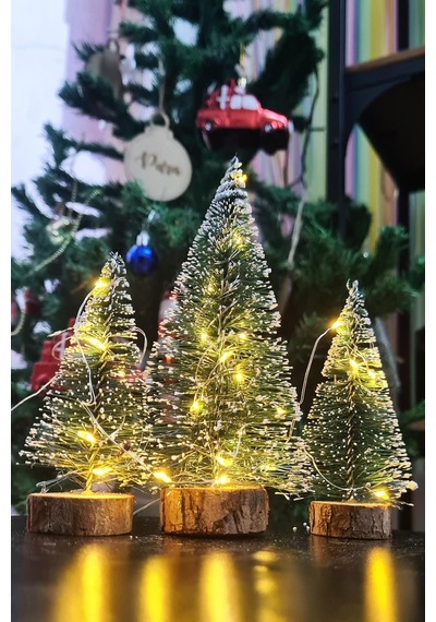 Hoşgeldin Yeni Yıl 3 Lü Mini Noel Çam Ağacı Kar Efektli Led Işıklı Çam Ağaçları Seti 15 11 10 Cm 23 CM