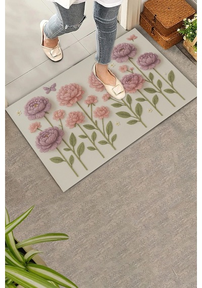 Valerine Life İplikten Düşler Nakışlı Şakayık Çiçekler Welcome Hoş Geldiniz Dijital Baskı Kapı Önü P Kahverengi
