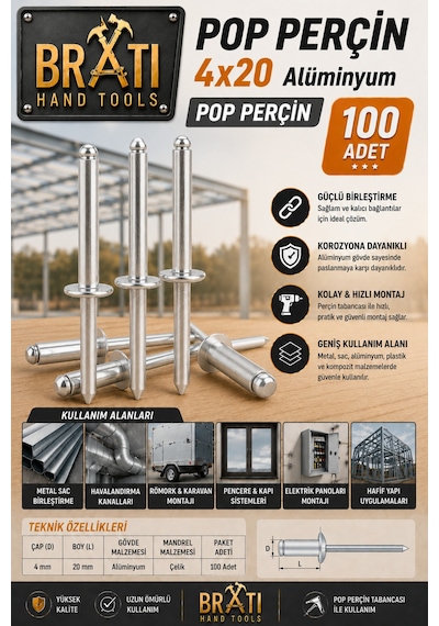 4x20 Alüminyum Pop Perçin 100lü Paket 1