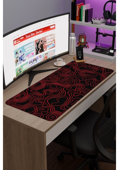 Kırmızı Siyah 90x40 Xxl Taraftar Gaming Oyuncu Mouse Pad Kaymaz Taban Büyük Fare Altlığı Topography