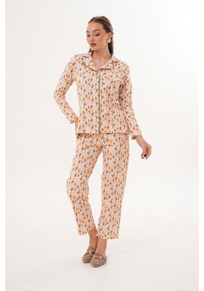 Çift Kaplan Kadın Pamuk Zeytin Desen Gömlek Yaka Yeşil Pijama Takımı 7032 Yeşil