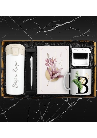 Kişiye Özel Beyaz Çelik Termos & Özel Tasarım Defter & Touch Pen Kalem & Kişiye Özel Cep Aynası & Kişiye Özel Kupa Hediye Seti