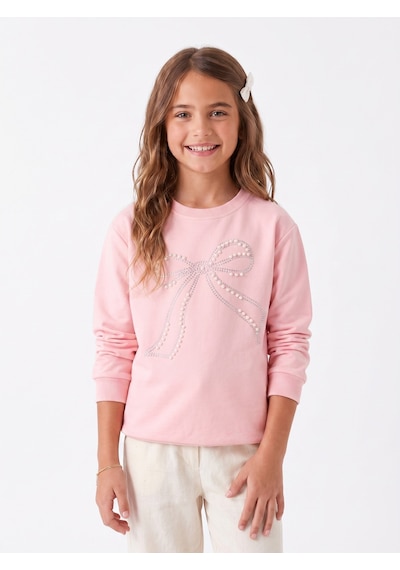 Onloox Kız Çocuk Pembe Kız Çocuk Pembe Pamuklu Bisiklet Yaka Uzun Kollu Regular İnci Taş İşlemeli Sweatshirt 7-10 Yaş