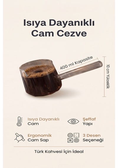 Isıya Dayanıklı Cam Cezve Şeffaf 400 Ml, 10 Cm Yükseklik, Cam Türk Kahvesi Cezvesi
