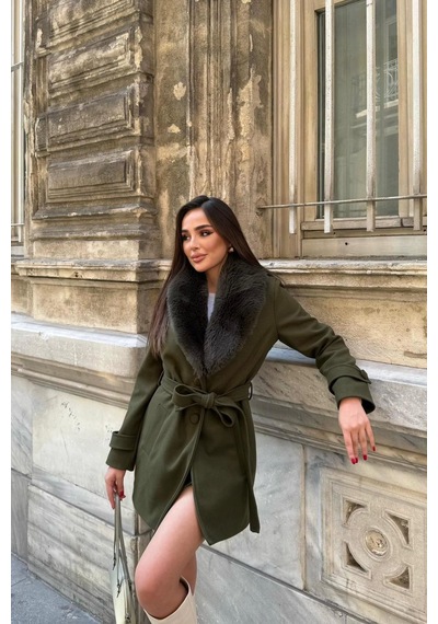 Dip Moda Kadın Kürk Yakalı Kuşaklı Kısa Boy Kaşe Kaban Dpstr1019 Çok Renkli