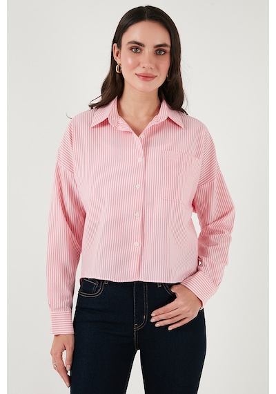 Lela Regular Fit Çizgili Göğüs Cepli Dokulu Bayan Gömlek 6772870 Şeker Pembe