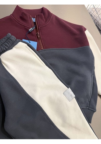 Magu Çocuk Pamuklu Fermuarlı Renk Bloklu Sweatshirt Ve Eşofman Altı Takımı Çok Renkli