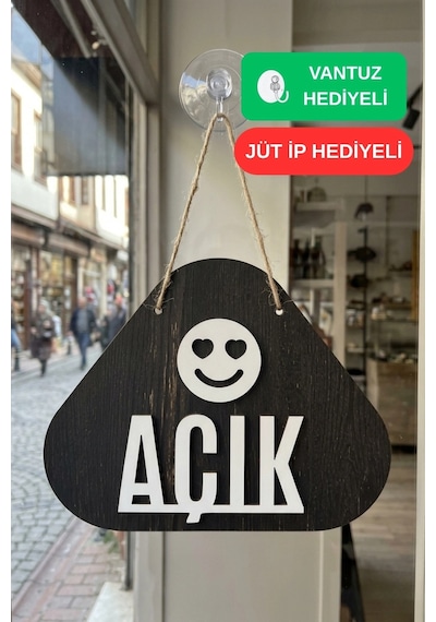Ahşap Lazer Kesim Emoji Figürlü Açık-kapalı Tabelası - Rebap Ahşap