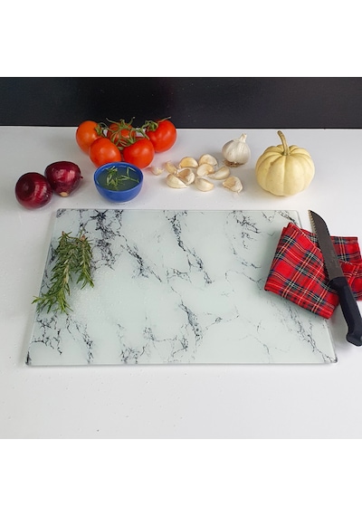Decorita Beyaz Mermer Görünümlü Cam Kesme Tahtası 30 x 40 CM