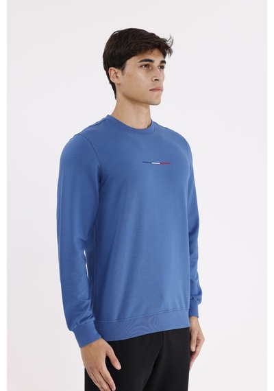 Rowinger Minimal Göğüs İşlemeli Rahat Kalıp Esnek Manşetli Mevsimlik Bisiklet Yaka Sweatshirt İndigo