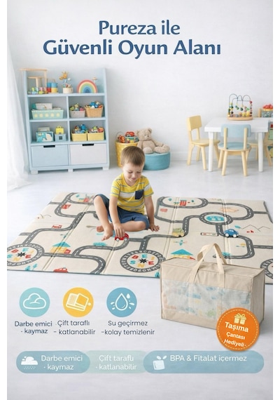 Pureza Çift Taraflı Katlanabilir Oyun Matı 200cmx130cmx1cm Kaymaz, Darbe Emici, Su Geçirmez, Bebek Ve Çocuklar İçin, Yeşil Parkur/Araba Yarışı, Taşıma Çantası Hediyeli Yerli Üretim
