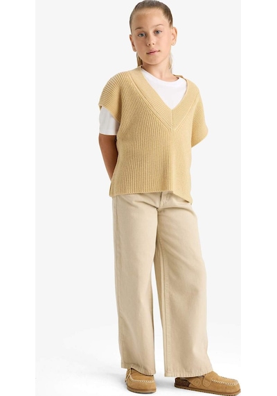Defacto Kız Çocuk Oversize Geniş Kalıp V Yaka Triko Süveter F2625a825aubn300 Kahve