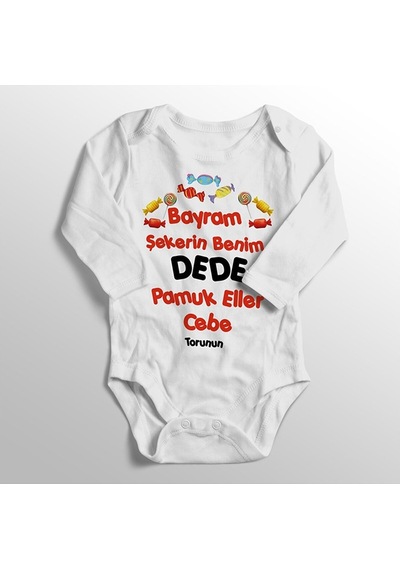 İmaj Tuğbababy Bayram Şekerin Benim Dede Pamuk Eller Cebe Yazılı Bebek Zıbını Beyaz