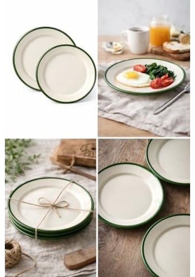 4&apos Lü Emaye Servis Tabağı Seti - 25 Cm Krem Renkli Yeşil Kenarlı Yemek Tabağı Takımı - Nostaljik Tasarım, Dayanıklı Ve Sağlıklı Mutfak Gereçleri - Kamp Ve Ev Kullanımına Uygun Açık