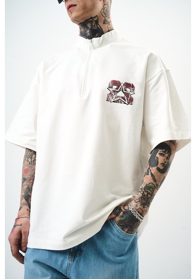 Respire Erkek 22 Baskılı Yarım Fermuarlı Oversize T-shirt Ekru