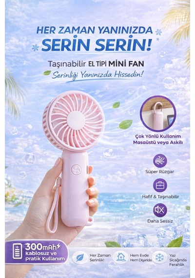 Taşınabilir Mini Fan 300mah Kablosuz Sessiz Güçlü Motor Yaz İçin Serinlik Sağlar 3 Kademeli Serinlik