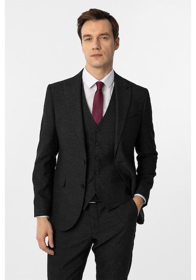 Süvari Siyah Slim Fit Desenli Sivri Yaka 6 Drop Yelekli Klasik Takım Elbise Siyah