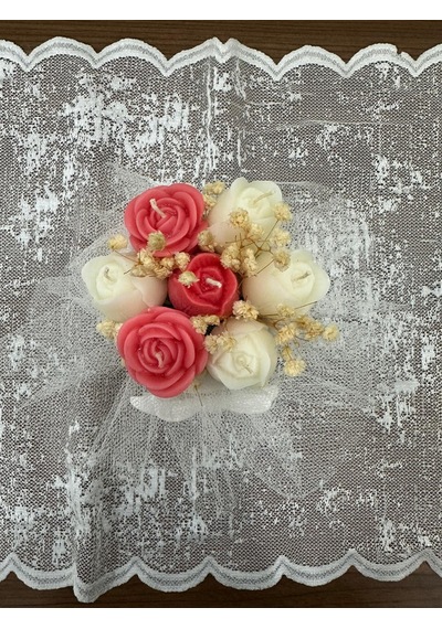 Özel Tasarım Dekoratif Vazoda Gül Ve Lale Mum Aranjmanı Beyaz - Pembe