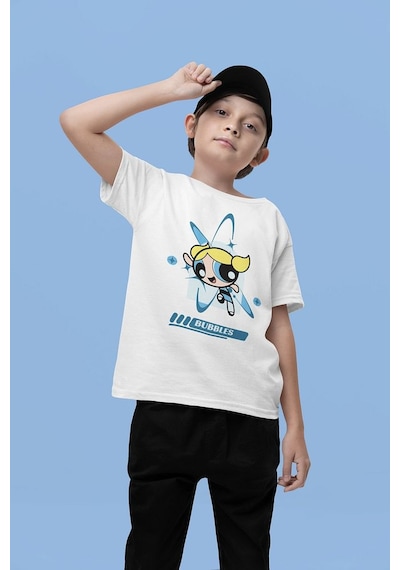Sevbano Power Puff Girls Bubbles Baskılı Unisex Çizgi Film Çocuk Tişört Beyaz