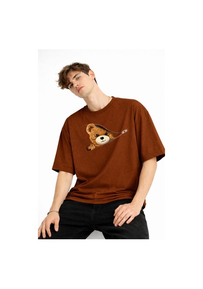Misa Tahtakale Mn - Bear Baskılı Oversize Tişört Kahve Çok Renkli