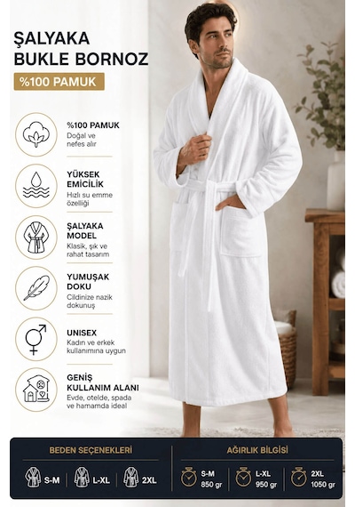 Tek Kişilik Banyo Bornozu %100 Pamuk Şalyaka Bukle Perla Collection Beyaz
