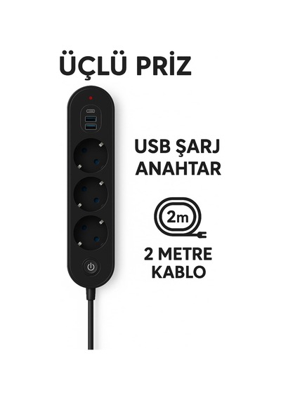 Smayling 3 Lü Priz 2 Usb-a + 1 Usb-c Termal Akım Korumalı, 2500w Güç, Aç/kapa Anahtarlı, Isıya Dayanıklı