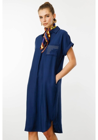 Desen Triko Kadın Polo Yaka Cebi Zincir Detaylı Elbise 25819 Indigo Indigo