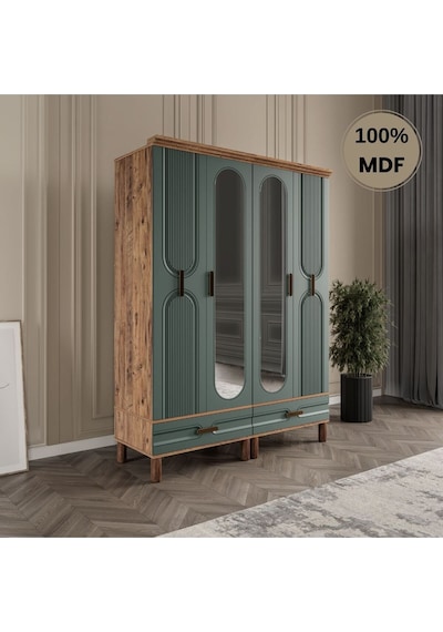 Zen 4 Kapak Ayaklı Tasarım Country Mdf Gardırop Yeşil