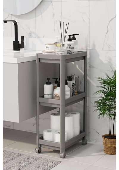 Coverest 3 Katlı Tekerlekli Raf Ünitesi - Banyo & Mutfak Organize Gri