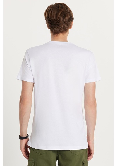 Tudors Erkek Slim Fit Dar Kesim %100 Pamuk Yumuşak Dokulu Baskılı Beyaz Bisiklet Yaka Tişört-34776 Beyaz