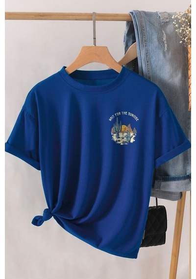 Uyguntarz Kopya - Unisex Arizona Baskılı Oversize Tshirt Mavi
