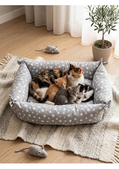 Lüx Kedi Köpek Yatağı, Yıldız Desenli, Gri, M Beden
