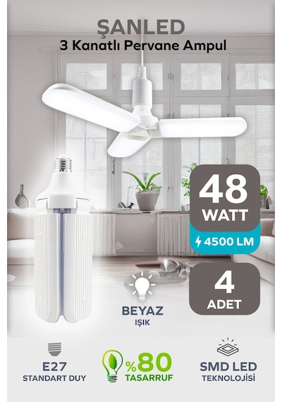3 Kanatlı Pervane 48w Ampul Beyaz Işık- 4 Adettir 4 Adet