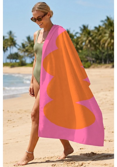 Soyut Modern Renk Bloklu Plaj Havlusu - Bohem Neon Pembe Turuncu Hızlı Kuruyan Mikrofiber Havlu Mat Kumul