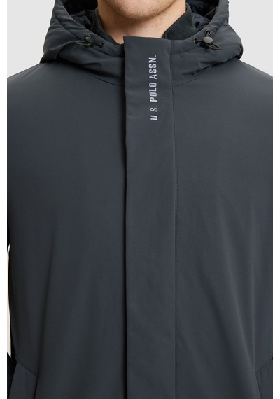 U.S. Polo Assn. Erkek Gri Kapüşonlu Yaka Regular Fit Fermuarlı Çıtçıtlı Cepli Düz Tasarım Uzun Mont 50328204-vr076 Sıs