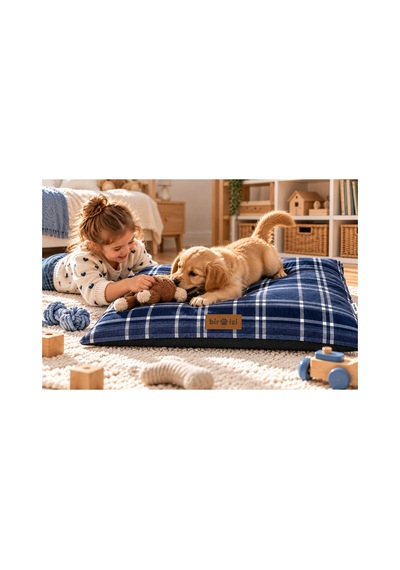 Kedi Ve Köpek Yer Minderi Üst Kalite Yıkanabilir Kılıflı Fermuarlı Boncuk Elyaf Kaydırmaz Taban Kedi Ve Köpek Yatağı Mavi Ekose 1717174064