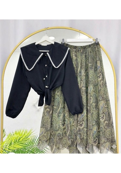 Lovie Moda Kadın Şifon Etekli Takım Haki