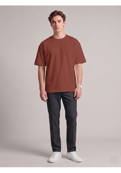 Smalltouch Unisex Oversize Yumuşak Dokulu Basic Bisiklet Yaka Tişört Kahverengi