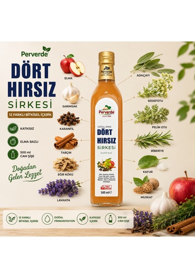 Perverde Dört H ırsız Sirkesi 500 ml – 12 Bitkisel İçerikli Katkısız Özel Karışım Sirke
