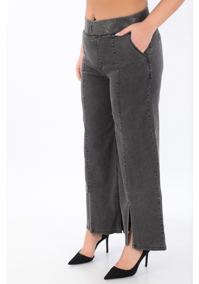 Büyük Beden Denim Taşlı Bol Paça Detaylı Kadın Pantolon Siyah