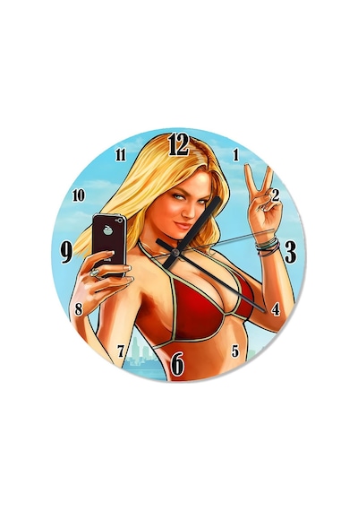 Selfie Çeken Kadın Desenli Duvar Saati Çok Renkli