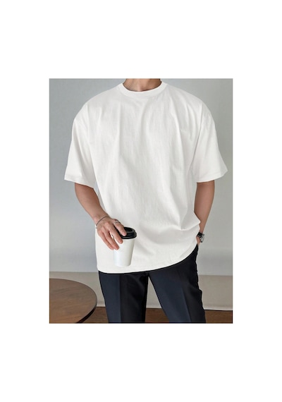 Tarz Cool Erkek Bisiklet Yaka %100 Pamuk T-shirt Beyaz