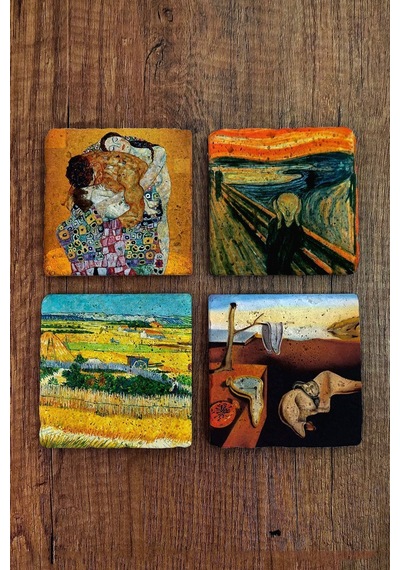 Doğal Taş Bardak Altlığı 4'lü Set 10x10x1 Cm Dali, Van Gogh, Klimt Eserleri-stone Coasters Çok Renkli