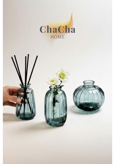 Chacha Home Modern 3'lü Minimalist Cam Çiçek Vazosu Dekoratif Masa Üstü Vazo Seti Turkuaz