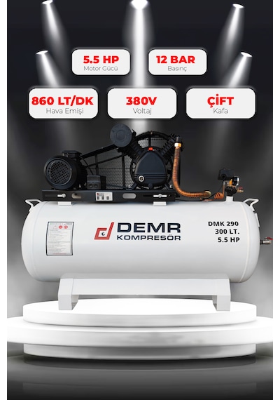 Demr Kompresör Pistonlu 300 LT 2 Kafa 12 Bar 5.5 HP IDMK290 Hava Kompresörü