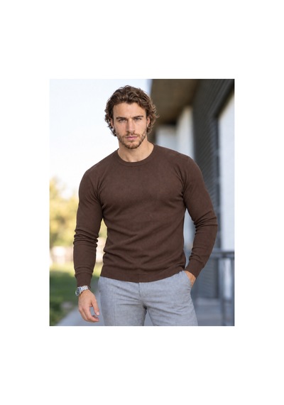 Hk Premium Erkek Fitilli Slim Fit Bisiklet Yaka Triko Kazak Kahverengi