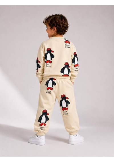 Eray Alp Kids Unisex Çocuk Ekru Penguen Desenli Eşofman Takımı Günlük Rahat Kombin Bej