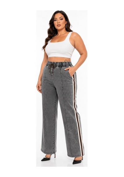 Zanessi Fashıon Büyük Beden Denim Spor Şerit Detaylı Bol Paça Kadın Pantolon Siyah