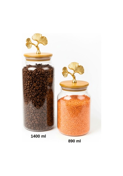2 Li Altın Metal Ginkgo Figürlü Bambu Kapaklı Cam Kavanoz Saklama Kabı 1400ml + 890 Ml Şeffaf