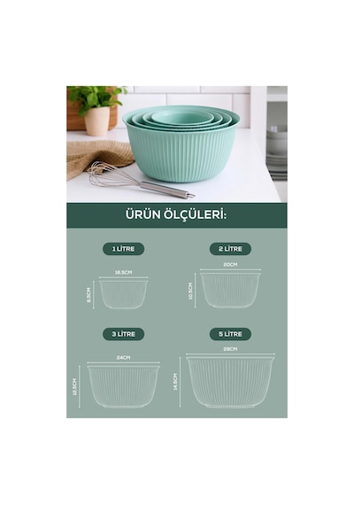 4'lü Mega Boy Plastik Karıştırma Ve Saklama Kase Seti 1l, 2l, 3l, 5l Yeşil